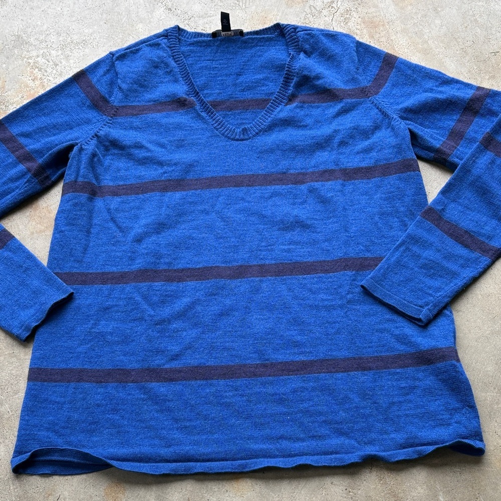 Eileen Fisher 100% merino wool Blue Striped V-Neck Sweater size S